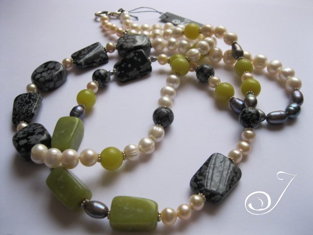 White Long Pearl Necklace with Lime and Grey Pearl and Stones